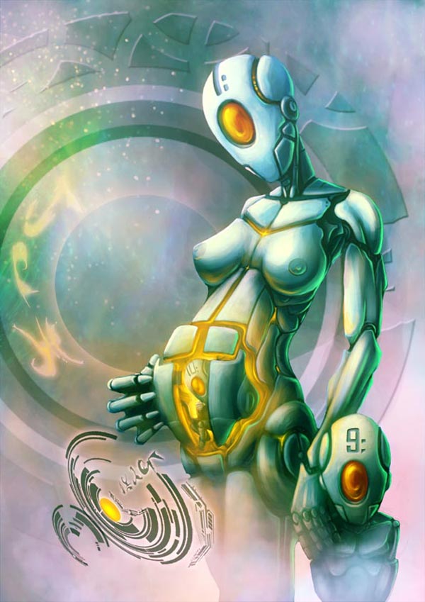 pregnant robot qith her little son